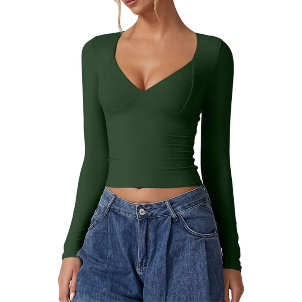 Long Sleeve V Neck T Shirts Double Lined Crop Top, Medium, 4K-207T002